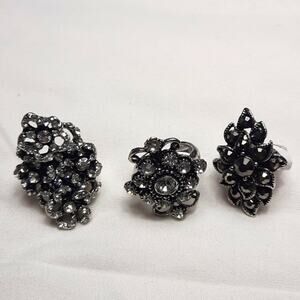 Set of Three Silver Tone & Crystal Floral Rings Size 7